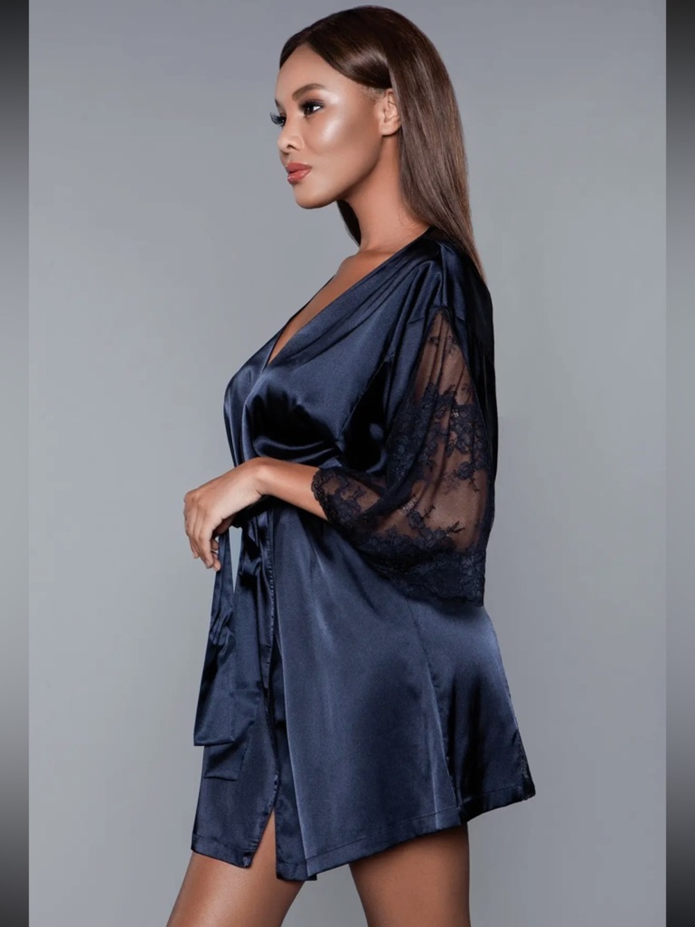NWT Black Satin Lace-Trim Robe - Elegant Women's Intimates- Plus available - Picture 3 of 4